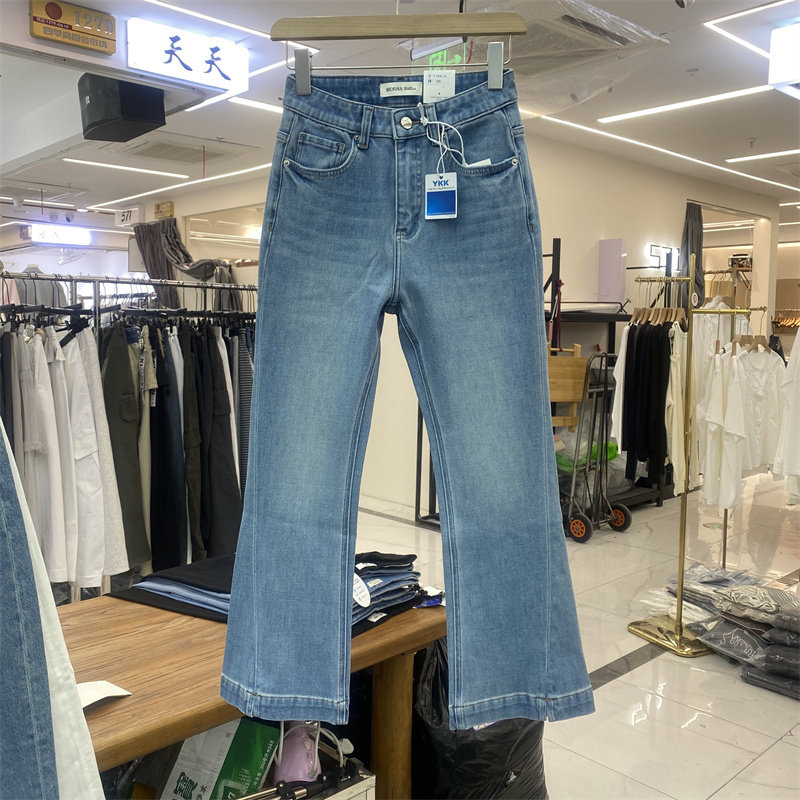 YLMY7962春款修身显瘦微喇牛仔裤女九分裤蓝色弹力喇叭裤显腿细