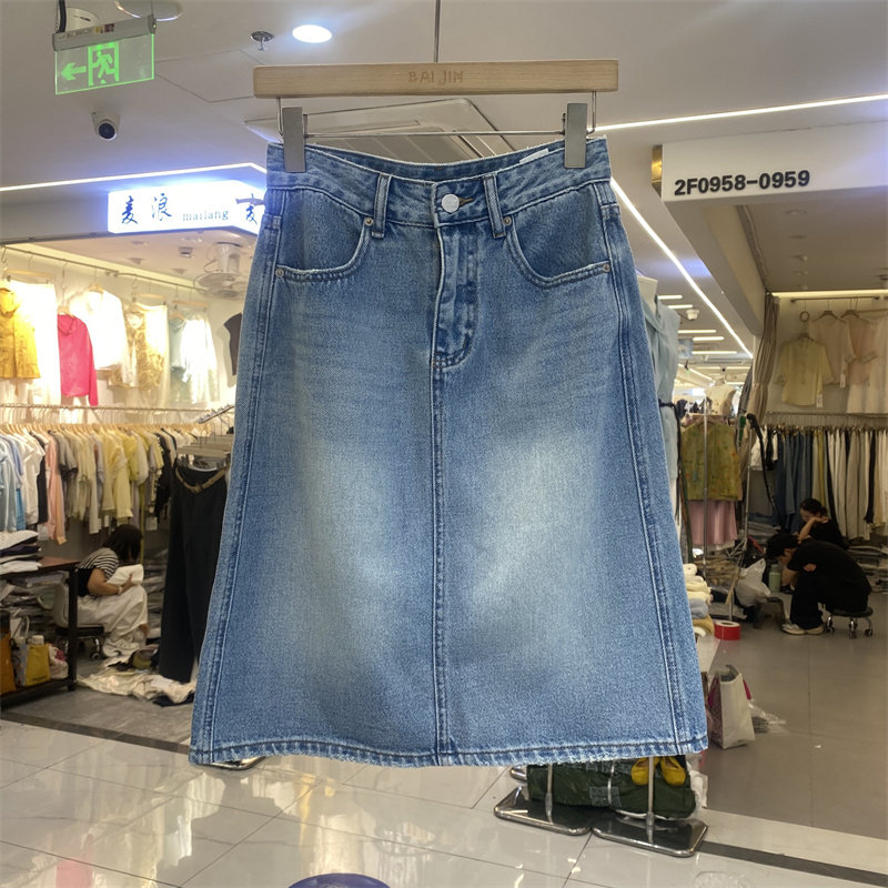 欧货9182夏款高腰牛仔半身裙女中长款显瘦百搭A字后开叉裙蓝色