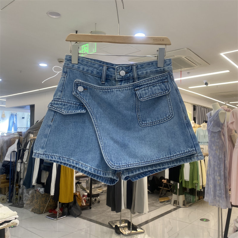 DMJ62295新款设计感假两件牛仔半身裙女夏短裙小个子蓝色A字裤裙