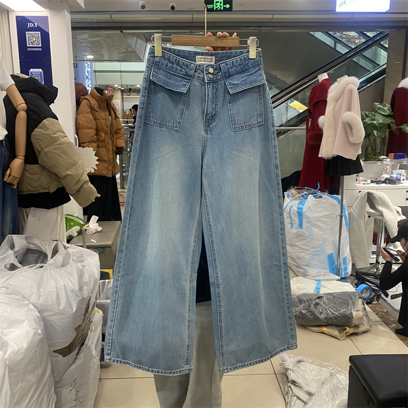 LOW BATTERY68515春款高腰显瘦阔腿牛仔裤女宽松直筒显腿百搭长裤