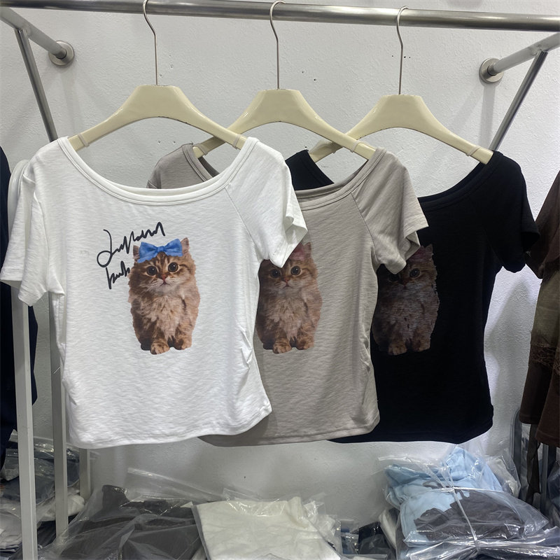 韩版一字肩猫咪印花短袖T恤女