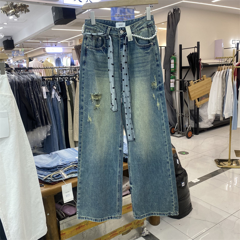 MOK88779春款复古破洞阔腿牛仔裤女春季高腰宽松显瘦百搭拖地长裤