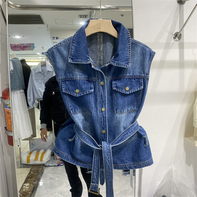 春款无袖牛仔马甲女收腰配腰带