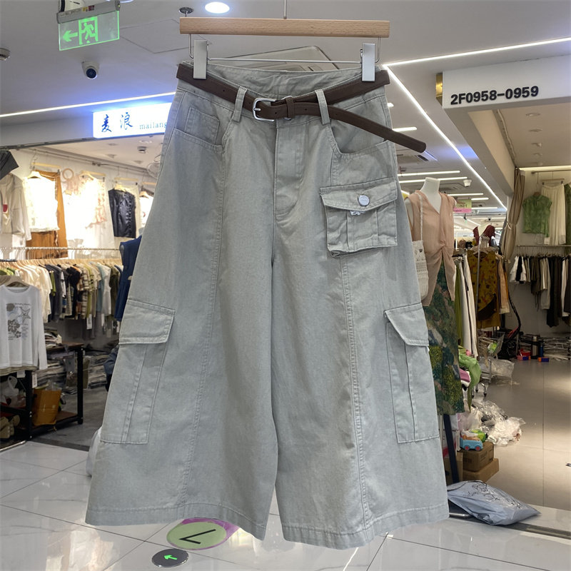 DMJ5576新款韩版高腰工装裤女夏季宽松多口袋八分裤显瘦休闲裤