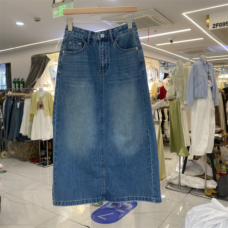 DIMJ7299夏款牛仔风高腰中长款半身裙女百搭显瘦A字裙开叉牛仔蓝