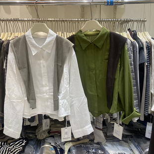T2551新款韩系天丝棉麻长袖衬衫女秋款宽松翻领披肩两件套上衣潮