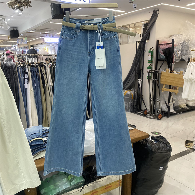 欧货7808春款复古高腰微喇牛仔裤女修身显瘦百搭长裤蓝色筒微喇裤