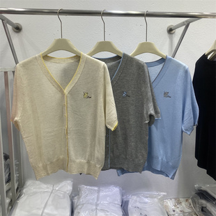 欧货2026春款夏款撞色V领短袖针织开衫女薄款刺绣上衣新款羊毛衫