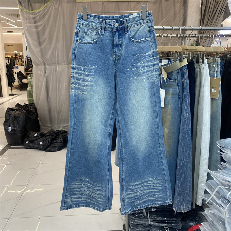 欧制13323春款重工水洗烫钻牛仔裤女宽松阔腿裤显瘦九分裤微喇裤