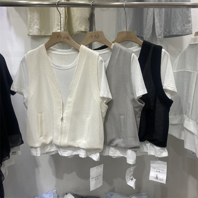 CB26856夏款假两件马甲短外套女夏季通勤显瘦休闲拉链开衫上衣