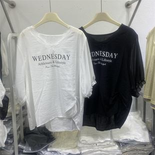 欧货2026女夏WEDNESDAY字母印花V领短袖T恤宽松百搭蕾丝拼接上衣