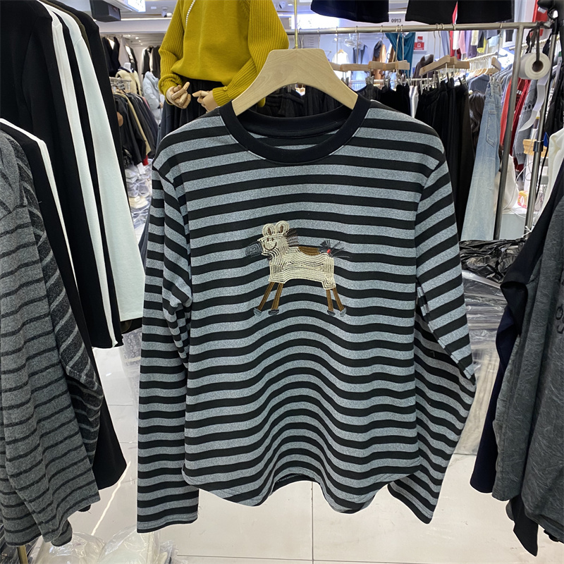 冬季中式小马印花条纹长袖T恤