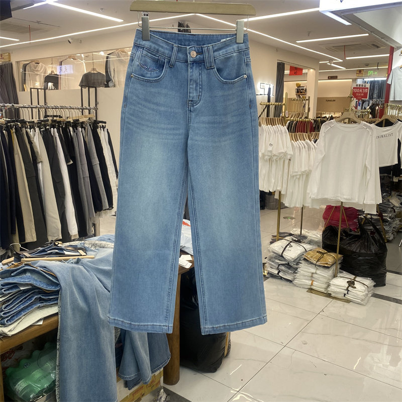 MI&CO36082春款高腰直筒微喇牛仔裤女九分显瘦四面弹蓝色直筒裤