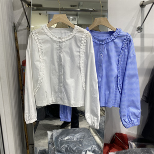 法式2026春款木耳边衬衫女长袖宽松圆领设计感小个子短款上衣