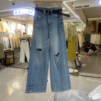 夏款高腰破洞阔腿牛仔拖地裤女