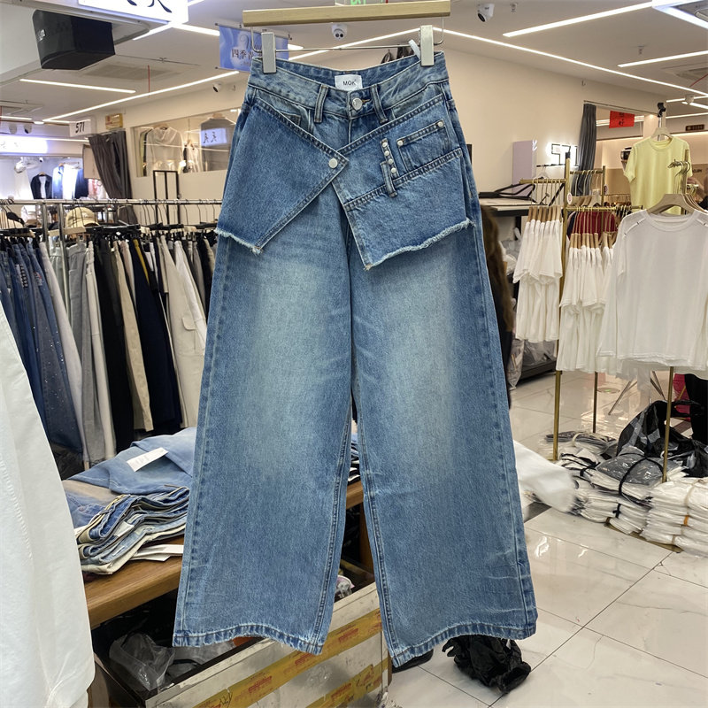 MOK88763春款设计感假两件高腰直筒牛仔裤女春季显瘦阔腿长裤