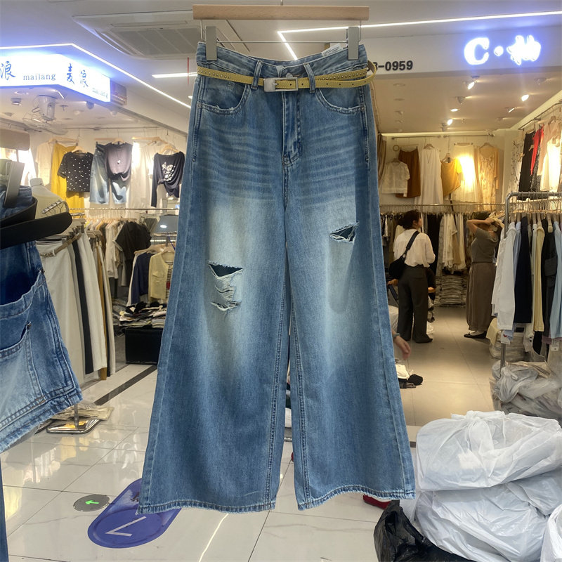DMJ92398夏款破洞高腰阔腿牛仔裤女宽松显瘦百搭九分裤蓝色