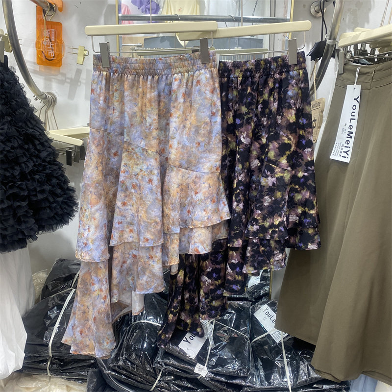 YLMY6289春款不规则碎花半身裙女高腰显瘦A字中长款荷叶边裙子