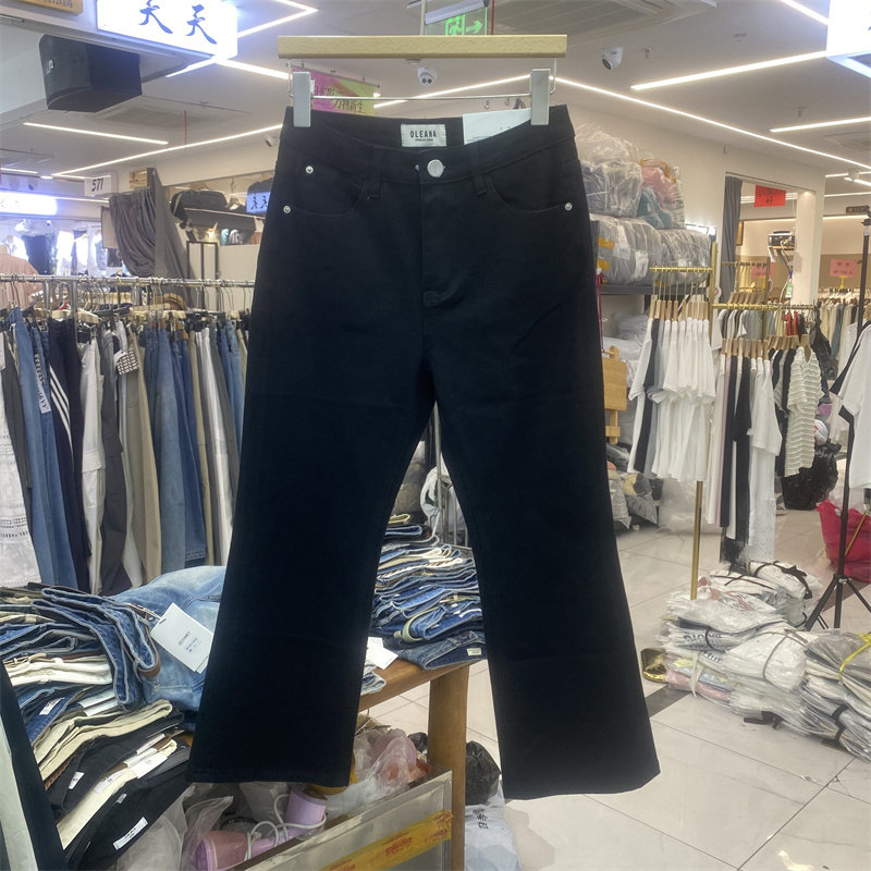 OL EANA5862女夏2026弹力薄款显瘦黑色直筒微喇牛仔裤高腰休闲裤