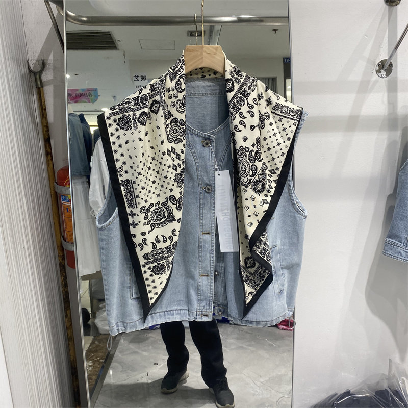 YLMY2620春夏款韩版印花丝巾牛仔马甲女无袖百搭外套宽松背心上衣