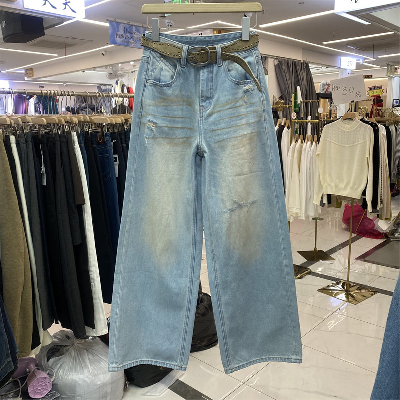 ZMJ5225春款复古高腰破洞牛仔阔腿裤女宽松显瘦长裤浅蓝色九分裤
