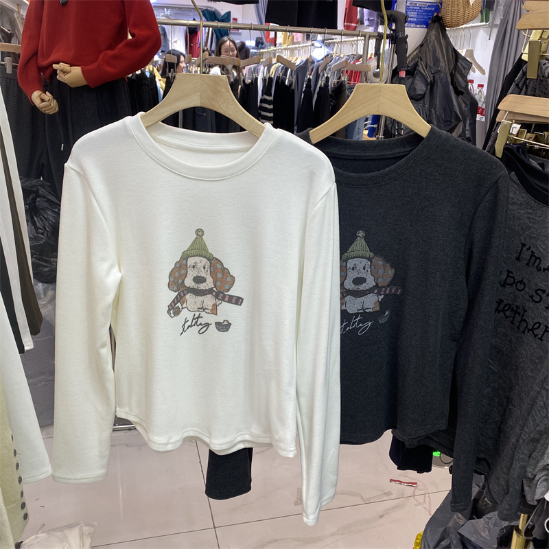 冬季加绒卡通印花长袖圆领T恤女
