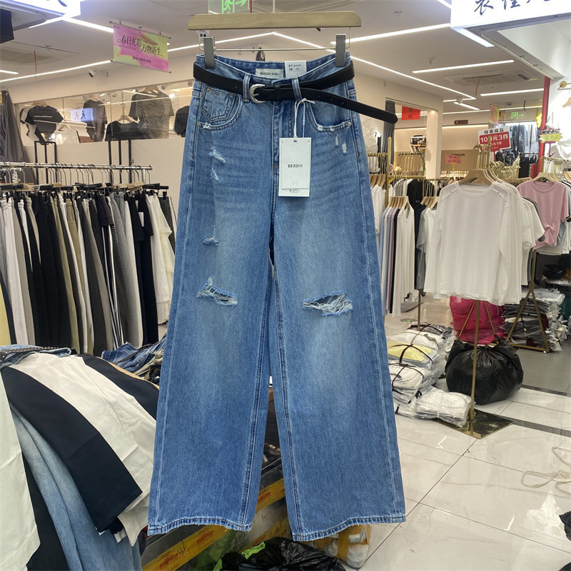 欧货9006夏款复古破洞高腰阔腿牛仔裤女宽松显瘦垂感直筒长裤皮带