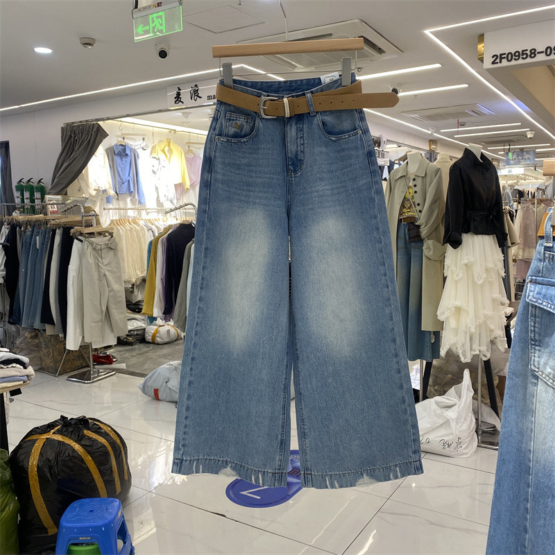 TOP82568春款复古高腰阔腿牛仔裤女显瘦百搭直筒磨破边九分裤蓝色