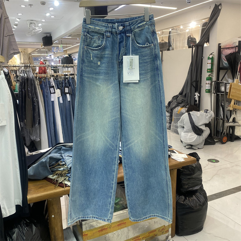 ZMJ8032春款复古高腰阔腿牛仔裤女直筒显瘦百搭长裤蓝色
