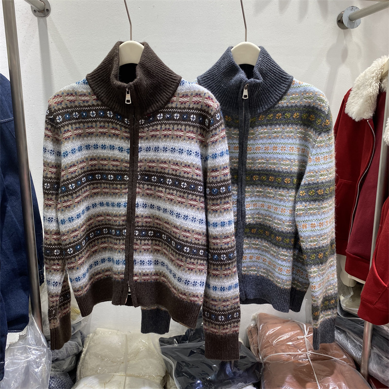 欧式费尔岛提花立领拉链开衫女