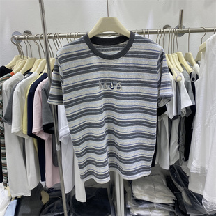 韩版2026春新款刺绣条纹短袖T恤女宽松圆领休闲百搭针织衫上衣