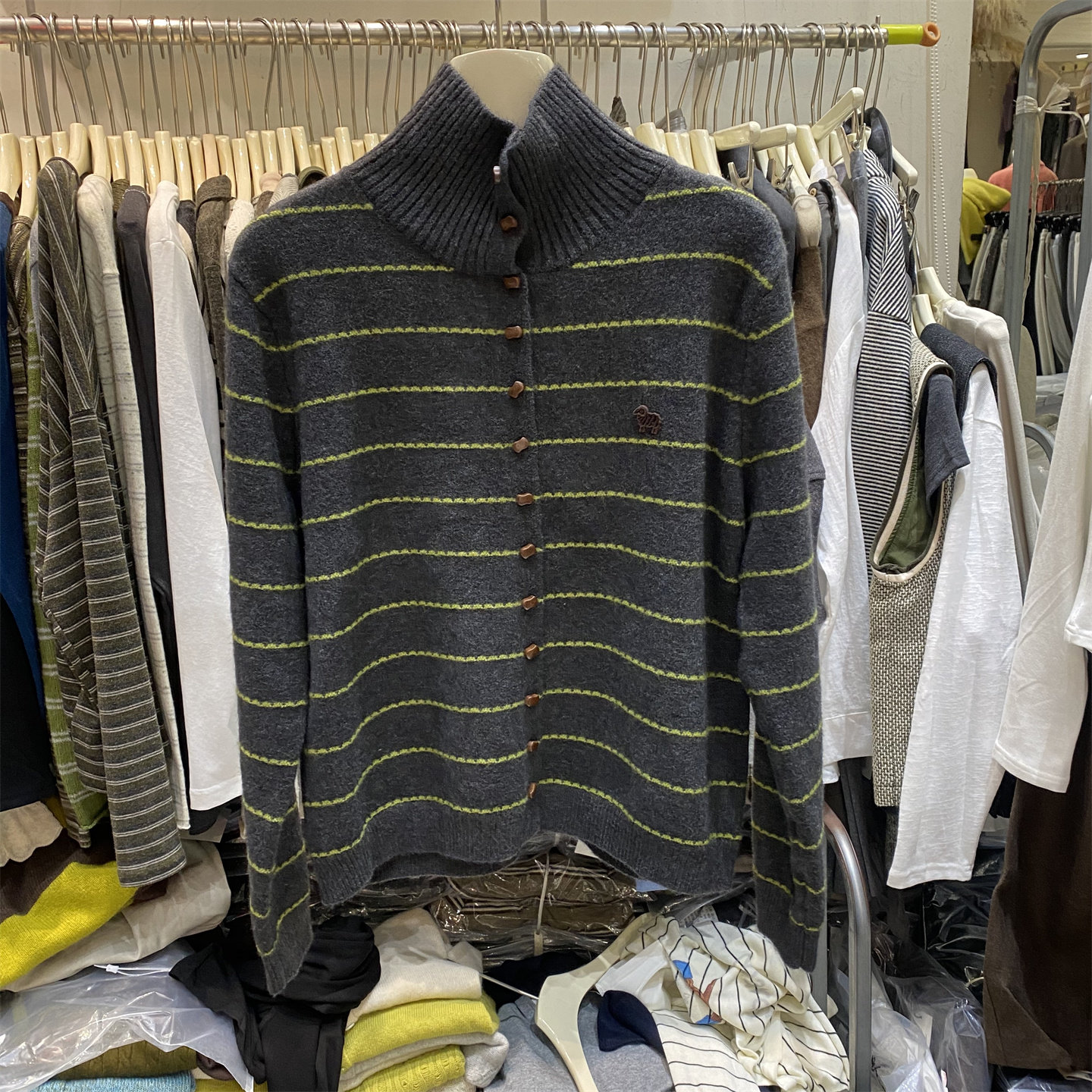秋冬新款条纹撞色立领针织开衫