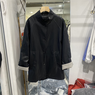 中式2026春款复古立领皮衣中长款风衣外套女格子拼接显瘦高级感