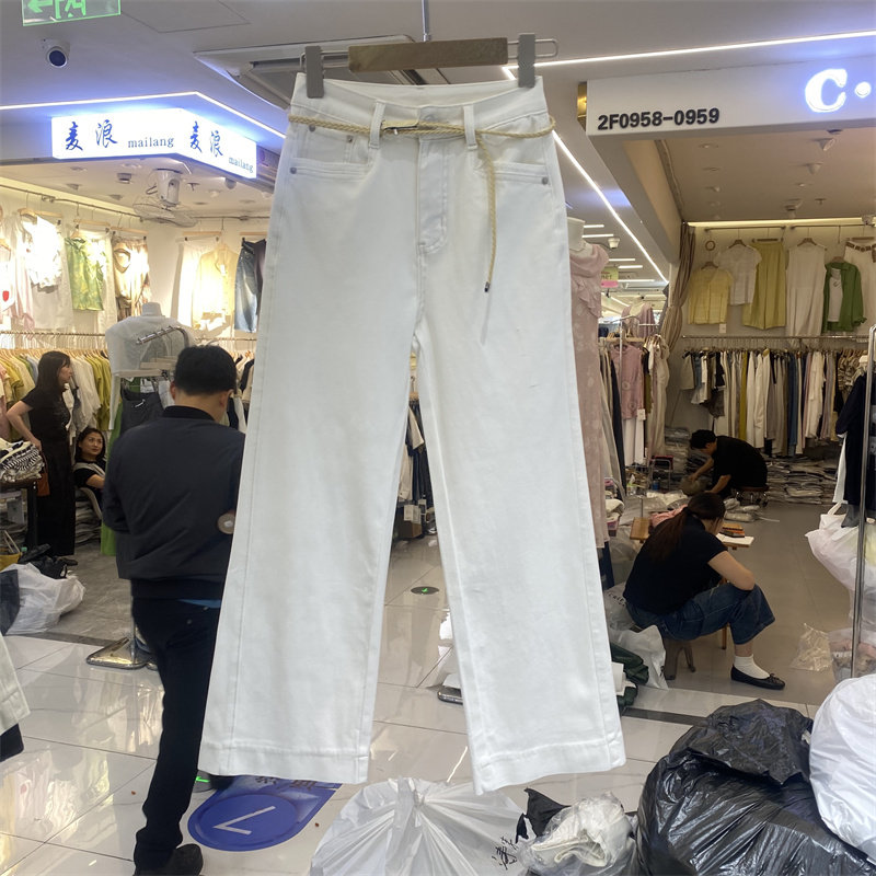 DMJ8727夏款四面弹高腰直筒牛仔裤女白色显瘦九分裤修身微喇裤子