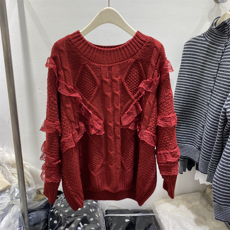 2025冬复古蕾丝拼接麻花针织衫