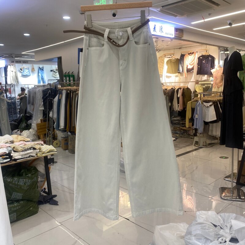 夏季高腰白色极简牛仔阔腿裤女