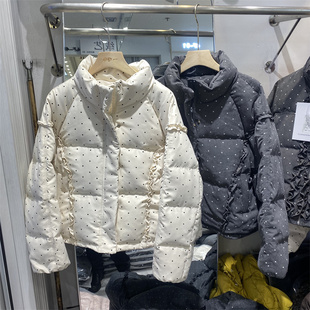 韩系2025冬款波点短款羽绒服女设计感荷叶边立领90白鸭绒羽绒外套