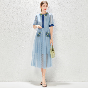 RM9016#蓝色法式复古泡泡袖水溶蕾丝刺绣拼接收腰连衣裙