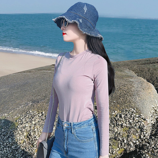 韩剧同款灰紫色纯棉小圆半高领纯棉长袖T恤女打底衫内外穿搭上衣