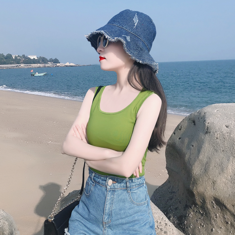 牛油果绿双U领纯棉背心美背上衣