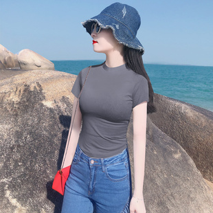 韩版春夏季新款烟灰色半高领纯棉修身短袖T恤女小众半袖别致上衣