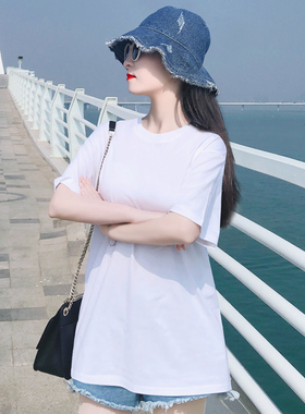 夏季新款超火cec白色宽松中长款纯棉短袖T恤打底衫女净色上衣慵懒