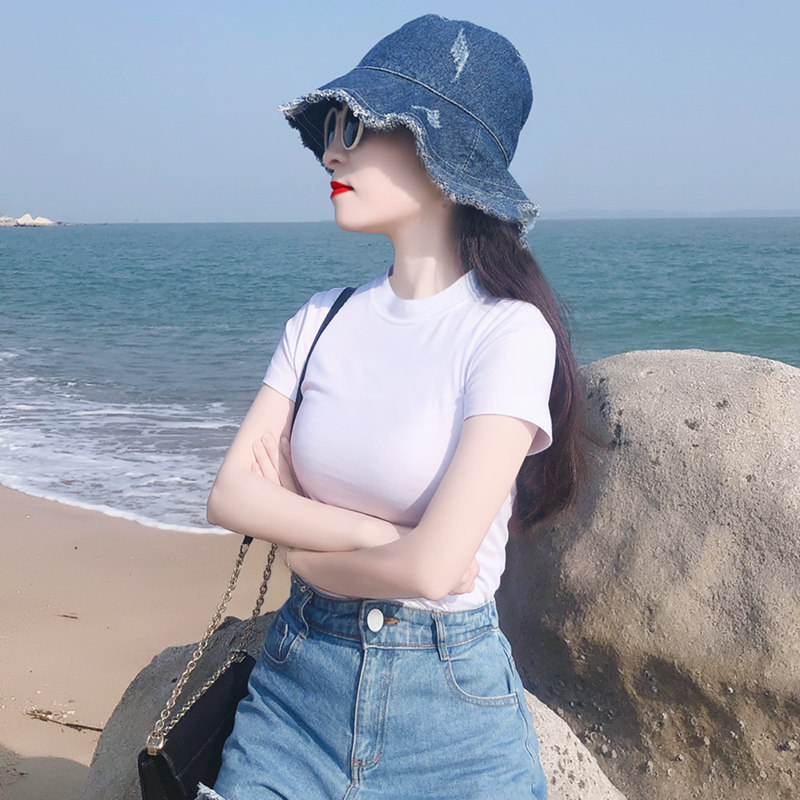 夏季新款高端气质半高领纯棉短袖T恤女半糖美式正肩文艺辣妹上衣