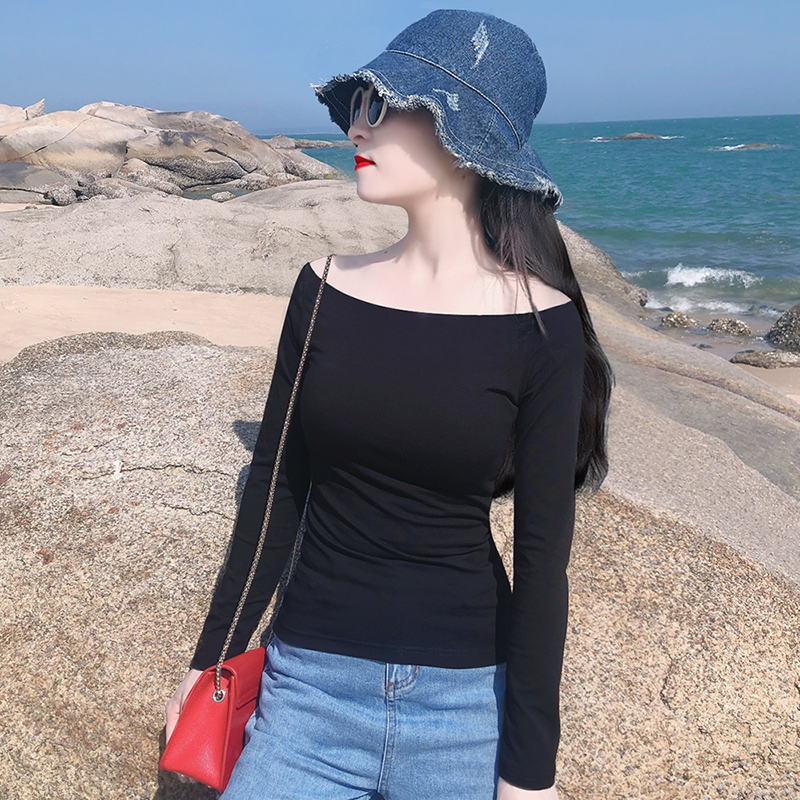 黑色一字领纯棉显瘦长袖T恤