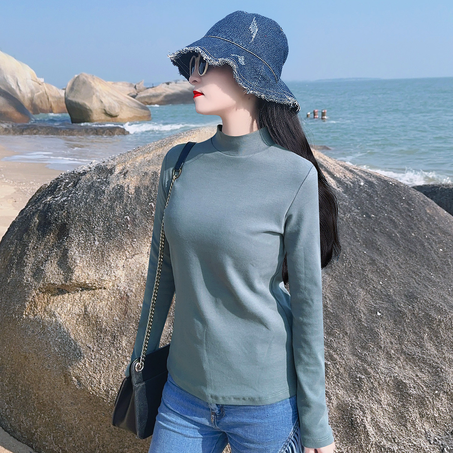 加厚纯棉纯棉中立半高领打底衫女