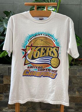 vingate美式复古篮球男孩76人队76ers潮牌图案男女短袖t恤ins潮