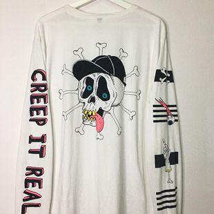 vingate古着感万圣节骷髅涂鸦上衣潮男女款懒人打底长袖t恤纯棉