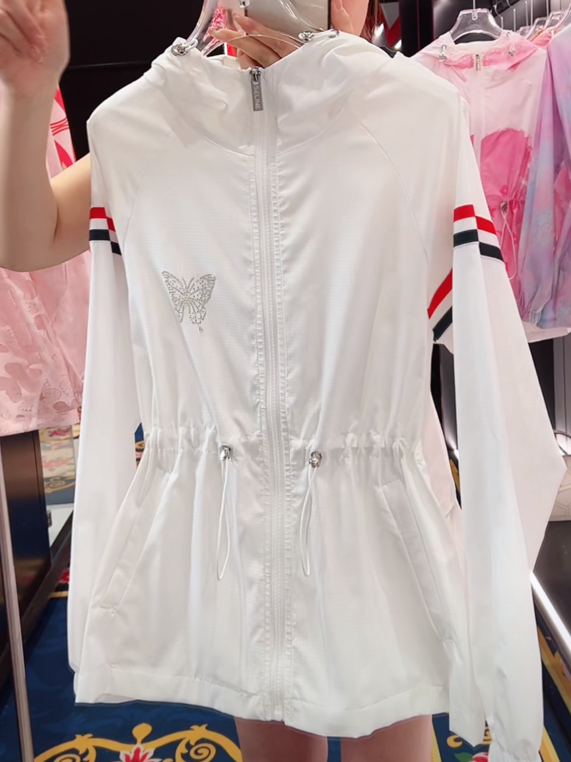 欧货冰感条纹蝴蝶烫钻连帽外套女2024夏季新款宽松速干防晒衣开衫