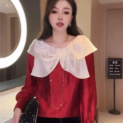 2025早春新款撞色荷叶边长袖衬衫女法式本命年红色百搭气质上衣仙