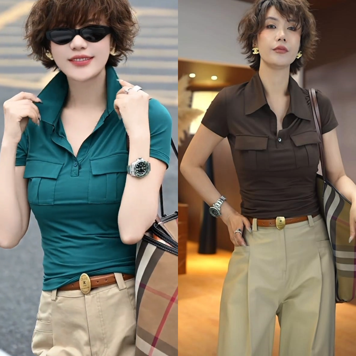 双口袋polo领衫通勤短袖t恤女2026夏季新款时尚亲肤正肩漂亮上衣